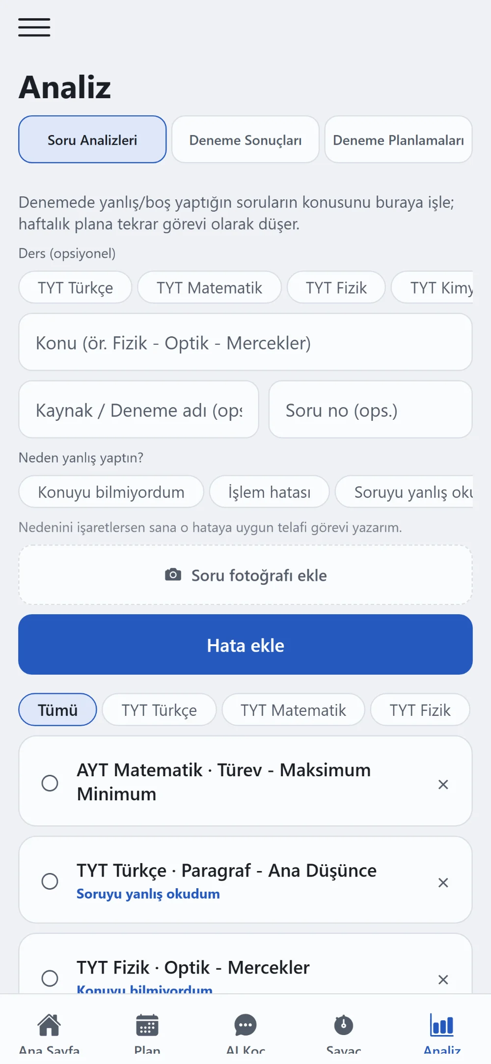 Hata defteri: yanlışın konusu ve sebebi kaydediliyor.