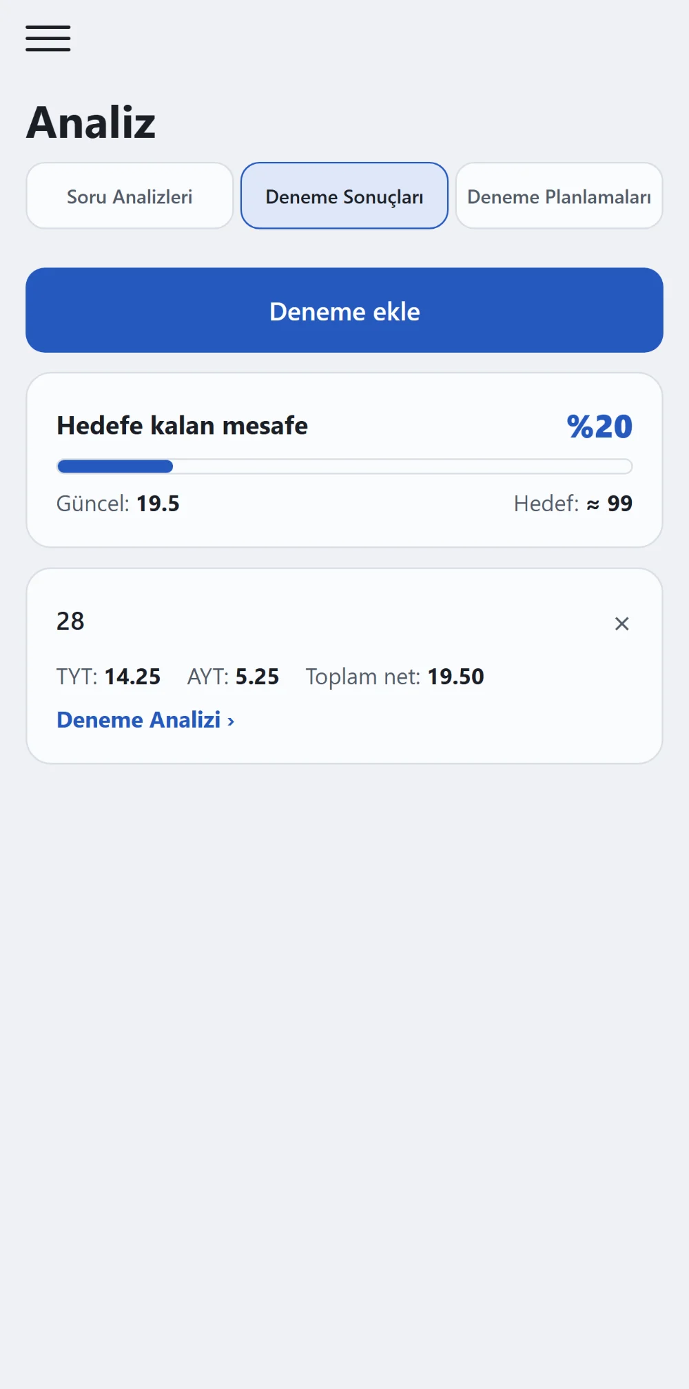 Deneme sonucu, hedefe kalan mesafeye çevrilmiş hâlde.