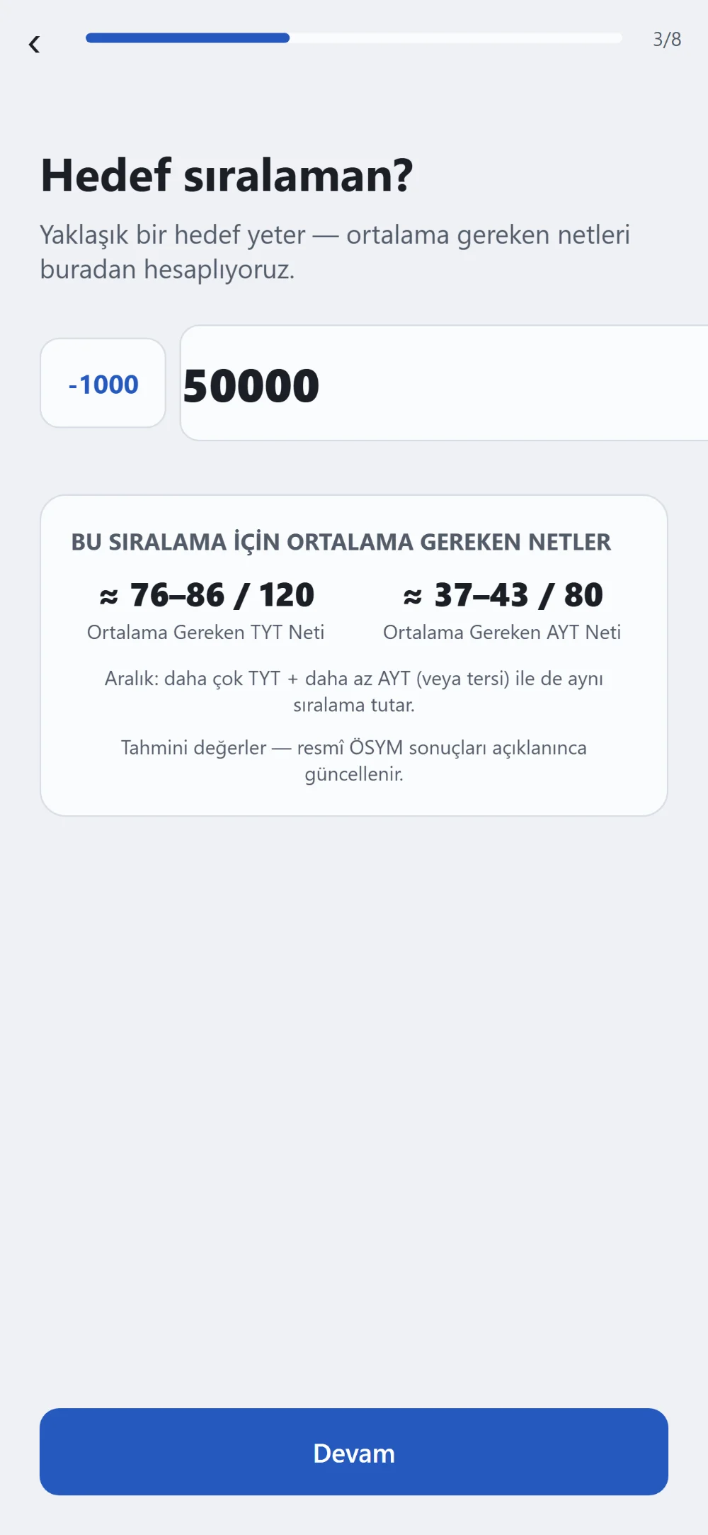 Tanışma adımı: hedef sıralama girilince gereken ortalama netler hesaplanıyor.