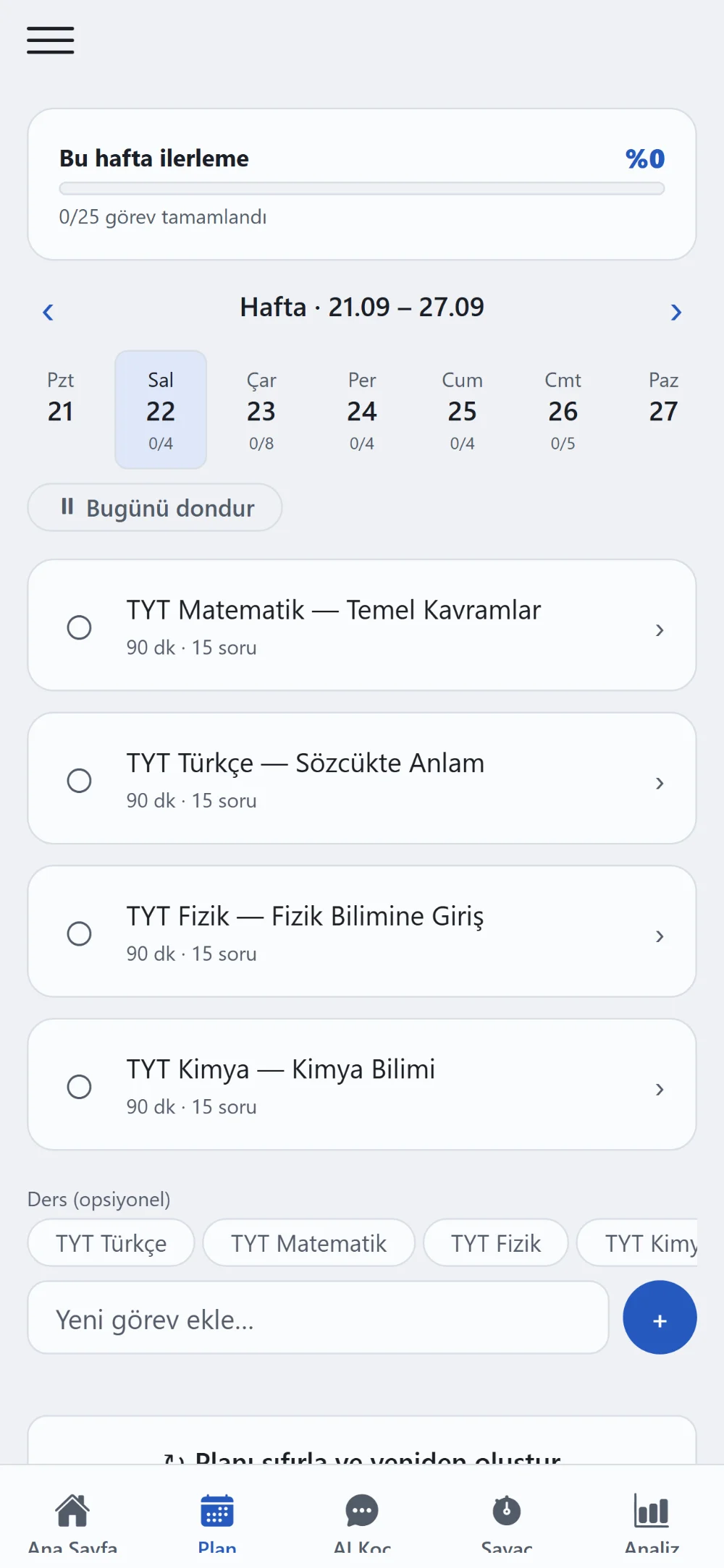 Motorun ürettiği bir haftalık plan: günlere bölünmüş görevler ve süreleri.