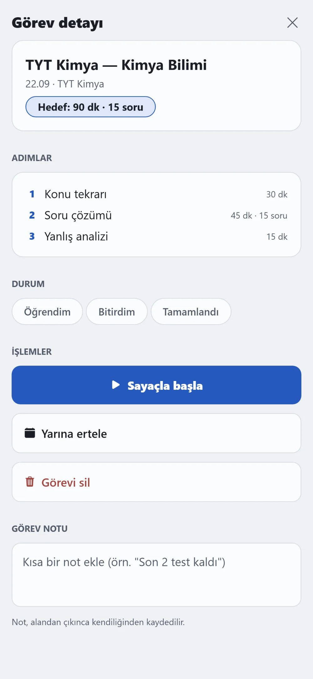 Bir görevin detayı: oku, çöz, analiz et adımları ve her birinin süresi.